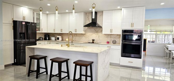 Interior, Kitchen, Marble Walls, Pendant Lights, Recessed Lighting