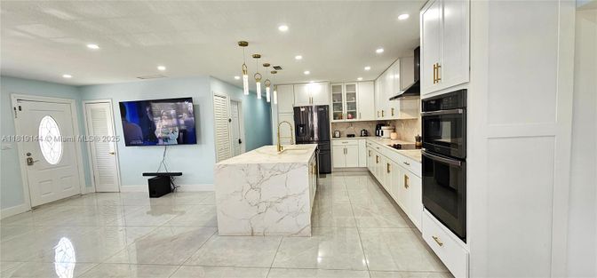 Interior, Kitchen, Marble Walls, Pendant Lights, Recessed Lighting