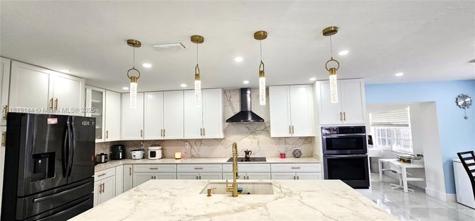 Interior, Kitchen, Marble, Marble Walls, Pendant Lights, Recessed Lighting