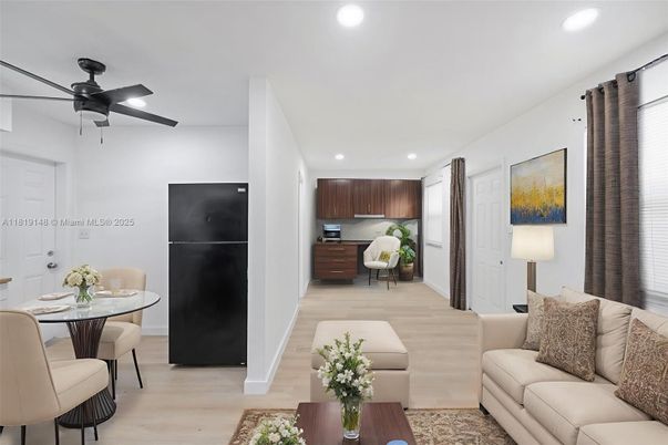 Dining room, Interior, Living room, Recessed Lighting, Wood Texture Flooring