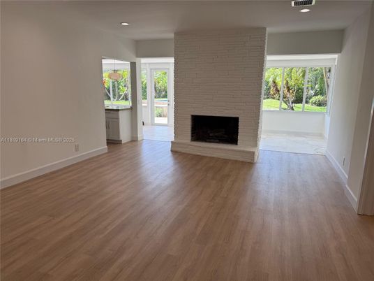 Empty room, Fireplace, Interior, Recessed Lighting, Wood Texture Flooring