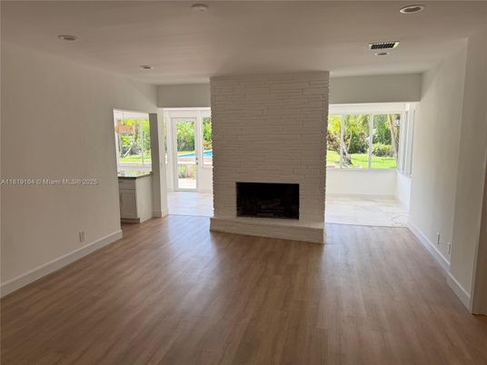 Empty room, Fireplace, Interior, Recessed Lighting, Wood Texture Flooring