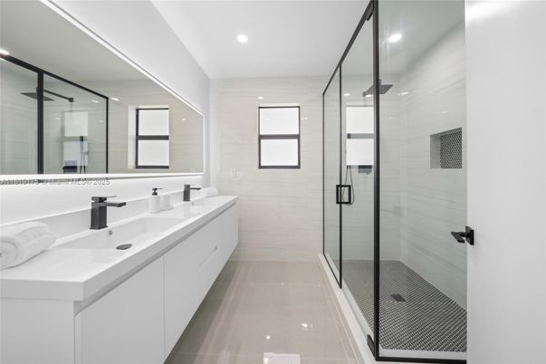 Bathroom, Dual Sink Vanities, Glass Shower, Interior, Recessed Lighting