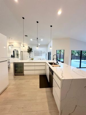 Interior, Kitchen, Pendant Lights, Recessed Lighting, Wood Texture Flooring