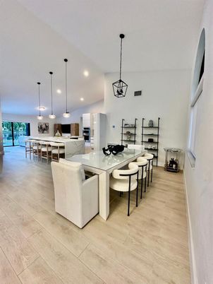 Dining room, Interior, Kitchen, Pendant Lights, Recessed Lighting, Wood Texture Flooring
