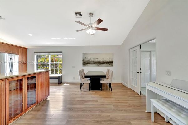 Dining room, Interior, Piano, Recessed Lighting, Wood Texture Flooring