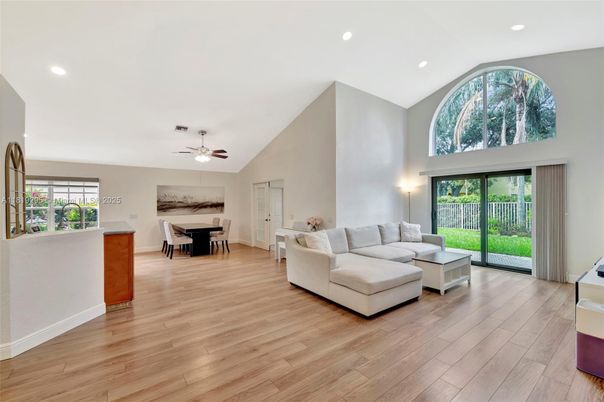 Dining room, Interior, Living room, Recessed Lighting, Wood Texture Flooring