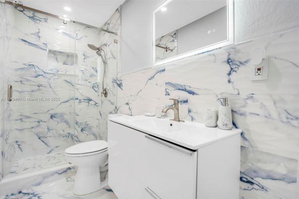 Bathroom, Glass Shower, Interior, Marble, Marble Walls, Recessed Lighting