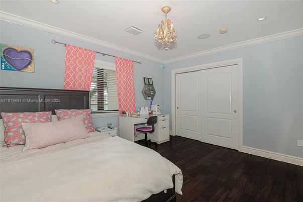 Bedroom, Chandelier, Home Office, Interior, Recessed Lighting, Wood Texture Flooring