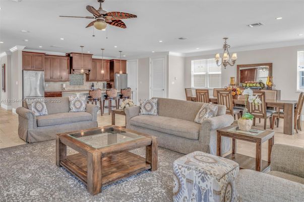 Chandelier, Dining room, Interior, Kitchen, Living room, Pendant Lights, Recessed Lighting, Stainless Steel Appliances