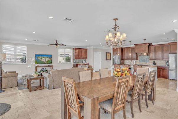 Chandelier, Dining room, Interior, Kitchen, Living room, Recessed Lighting, Stainless Steel Appliances