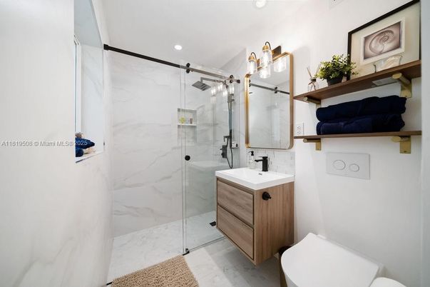 Bathroom, Glass Shower, Interior, Marble Walls, Recessed Lighting