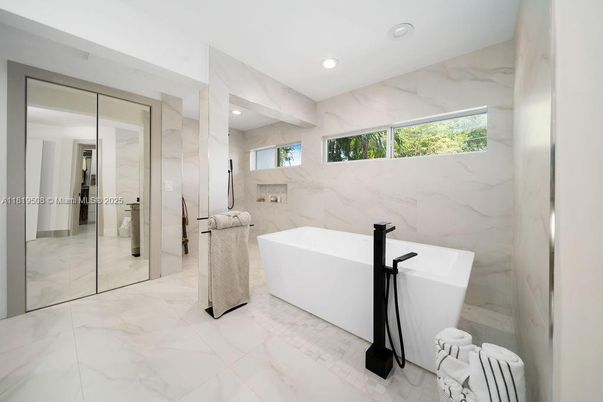 Bathroom, Free Standing Baths, Glass Shower, Interior, Marble, Marble Walls, Recessed Lighting