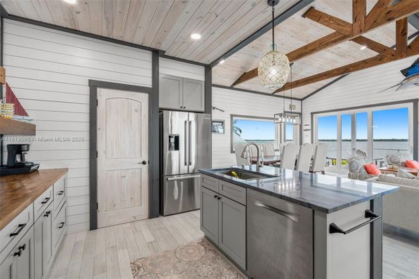 Interior, Kitchen, Pendant Lights, Recessed Lighting, Stainless Steel Appliances, Water, Wooden Beams, Wooden Ceilings, Wood Texture Flooring