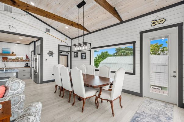 Dining room, Interior, Kitchen, Pendant Lights, Recessed Lighting, Wooden Beams, Wooden Ceilings, Wood Texture Flooring