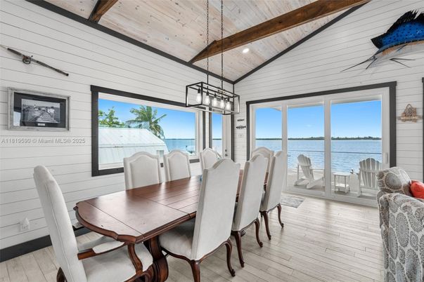 Dining room, Interior, Pendant Lights, Water, Wooden Beams, Wooden Ceilings, Wood Texture Flooring