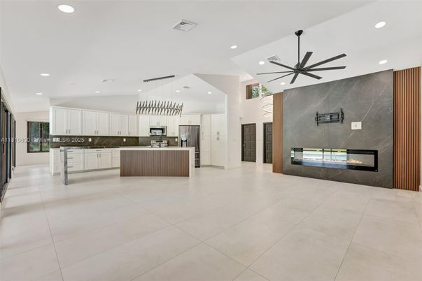 Fireplace, Interior, Kitchen, Pendant Lights, Recessed Lighting, Stainless Steel Appliances
