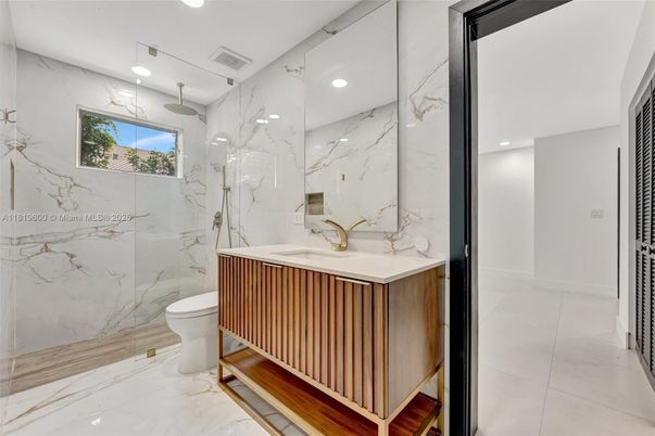 Bathroom, Glass Shower, Interior, Marble, Marble Walls, Recessed Lighting