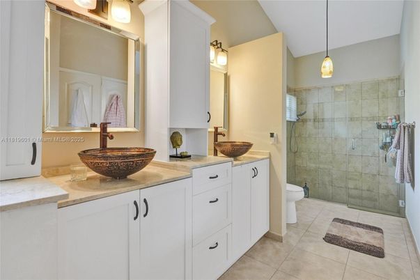 Bathroom, Dual Sink Vanities, Glass Shower, Interior, Pendant Lights