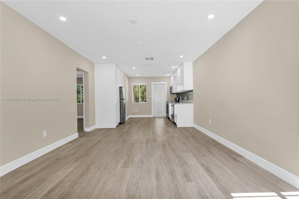 Empty room, Interior, Kitchen, Recessed Lighting, Wood Texture Flooring