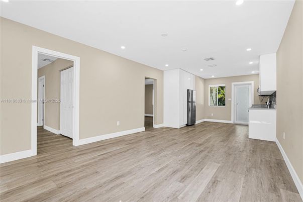 Empty room, Interior, Kitchen, Recessed Lighting, Wood Texture Flooring