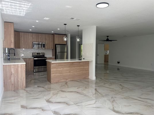 Interior, Kitchen, Marble, Pendant Lights, Recessed Lighting, Stainless Steel Appliances