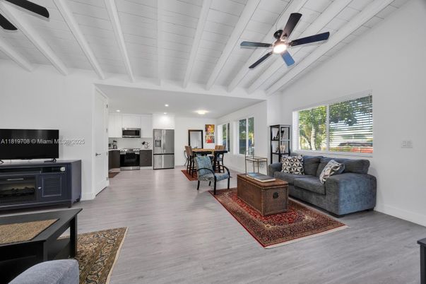 Dining room, Interior, Kitchen, Living room, Recessed Lighting, Stainless Steel Appliances, Wood Texture Flooring