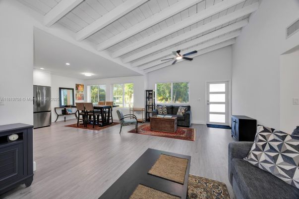 Dining room, Interior, Living room, Recessed Lighting, Wood Texture Flooring