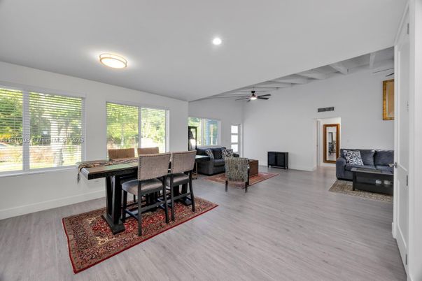 Dining room, Interior, Living room, Recessed Lighting, Wood Texture Flooring
