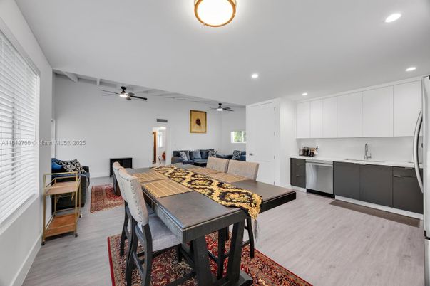 Dining room, Interior, Kitchen, Living room, Recessed Lighting, Wood Texture Flooring