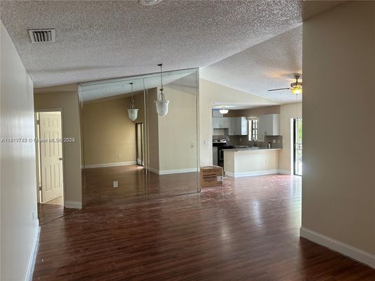 Empty room, Interior, Kitchen, Pendant Lights, Wood Texture Flooring