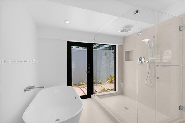 Bathroom, Free Standing Baths, Glass Shower, Interior, Recessed Lighting