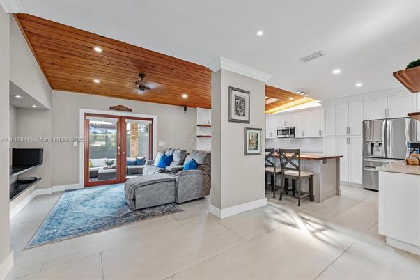 Interior, Kitchen, Living room, Recessed Lighting, Stainless Steel Appliances, Wooden Ceilings