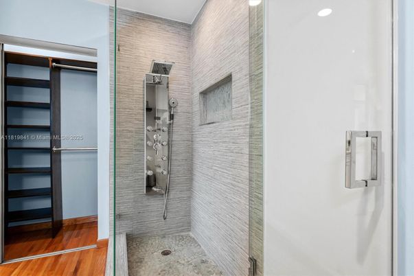 Bathroom, Glass Shower, Interior, Recessed Lighting, Wood Texture Flooring
