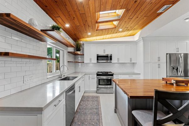 Interior, Kitchen, Recessed Lighting, Stainless Steel Appliances, Wooden Ceilings