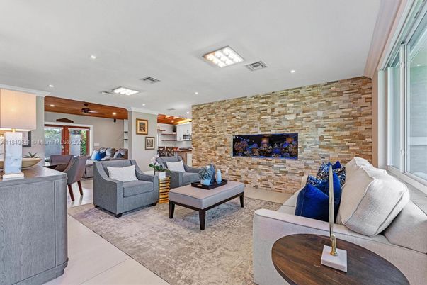 Dining room, Interior, Living room, Recessed Lighting, Stone Walls