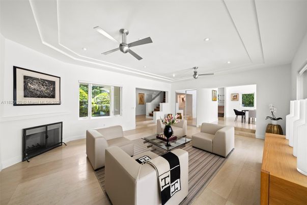 Dining room, Fireplace, Interior, Living room, Recessed Lighting, Wood Texture Flooring