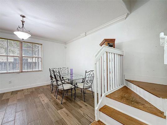 Dining room, Interior, Pendant Lights, Wood Texture Flooring