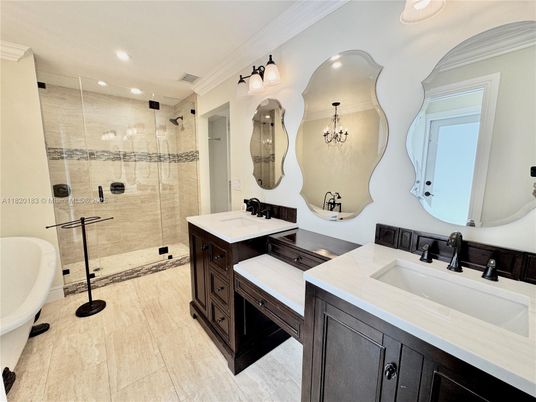 Bathroom, Dual Sink Vanities, Glass Shower, Interior, Recessed Lighting