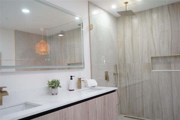 Bathroom, Dual Sink Vanities, Glass Shower, Interior, Pendant Lights, Recessed Lighting