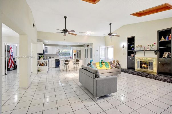 Fireplace, Interior, Kitchen, Living room, Recessed Lighting