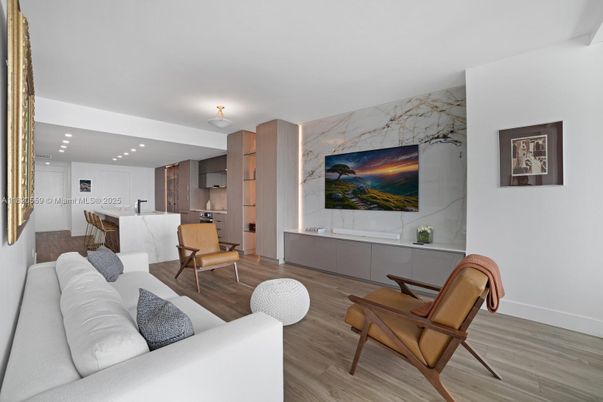 Interior, Kitchen, Living room, Marble Walls, Recessed Lighting, Wood Texture Flooring