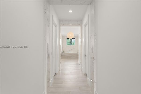 Interior, Marble Walls, Recessed Lighting, Wood Texture Flooring