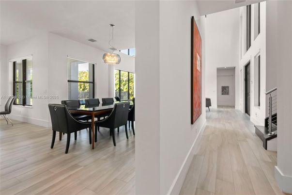 Dining room, Interior, Pendant Lights, Wood Texture Flooring