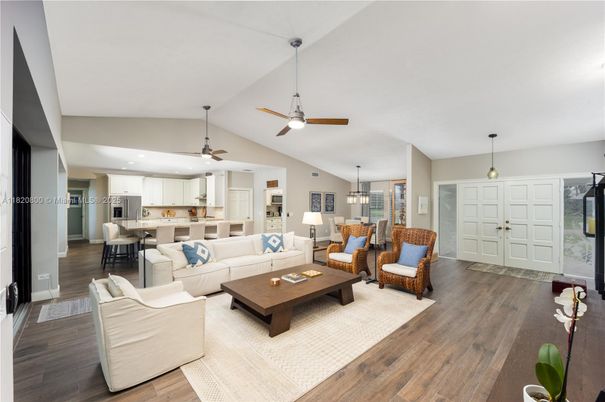Dining room, Interior, Kitchen, Living room, Pendant Lights, Recessed Lighting, Wood Texture Flooring