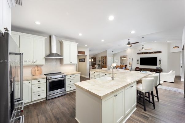 Interior, Kitchen, Living room, Recessed Lighting, Stainless Steel Appliances, Wood Texture Flooring