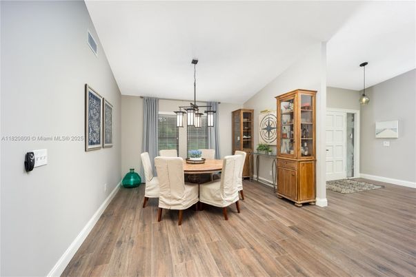 Dining room, Interior, Pendant Lights, Wood Texture Flooring