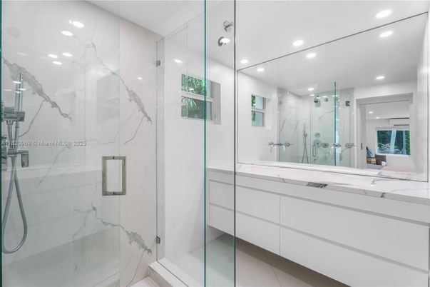 Bathroom, Glass Shower, Interior, Marble Walls, Recessed Lighting
