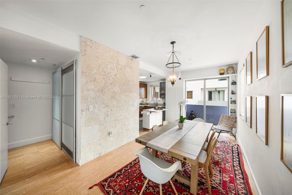 Dining room, Interior, Kitchen, Pendant Lights, Recessed Lighting, Stone Walls, Wood Texture Flooring