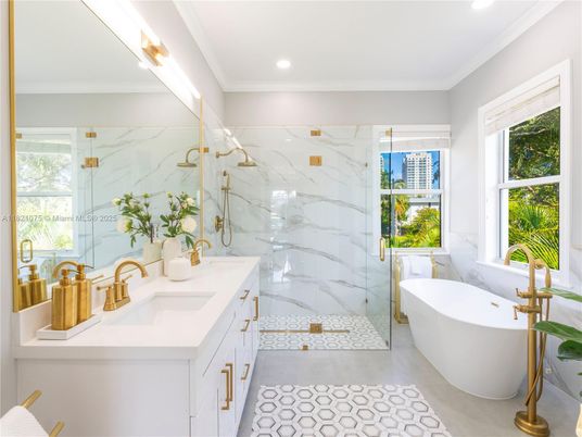 Bathroom, Dual Sink Vanities, Free Standing Baths, Glass Shower, Interior, Marble Walls, Recessed Lighting